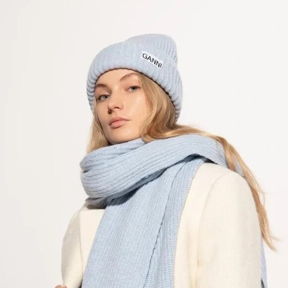 Ganni Womens Silver Lake Blue Oversized Recycled Wool Rib Knit Beanie One Size - Picture 1 of 7